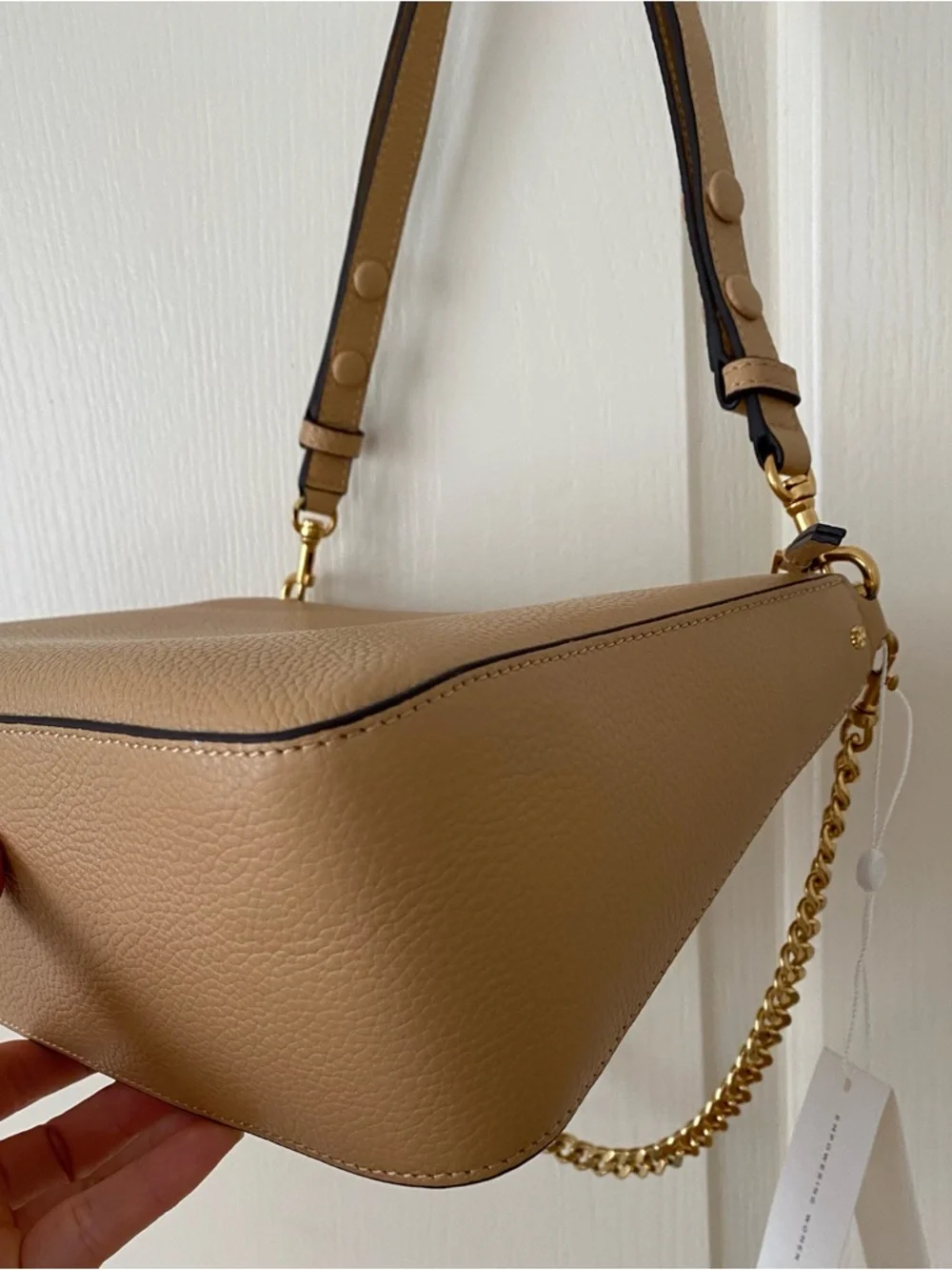 $400 NWT Tory Burch Perry Brown Tan Pebble Leather Gold Chain Strap Shoulder Bag